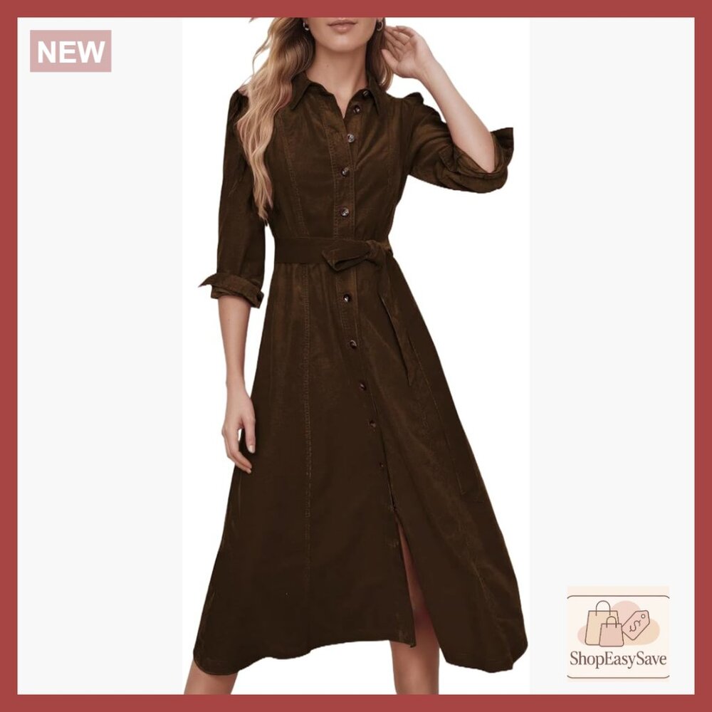 Corduroy Maxi Shirt Dress Long Sleeve Button Down Belted Fall Winter Chic